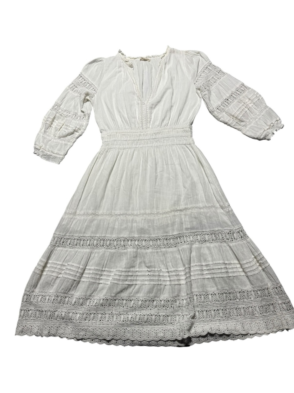 M.A.B.E. Loretta Midi Dress Women’s Small  in Ecru Boho Prairie Cottage Crochet